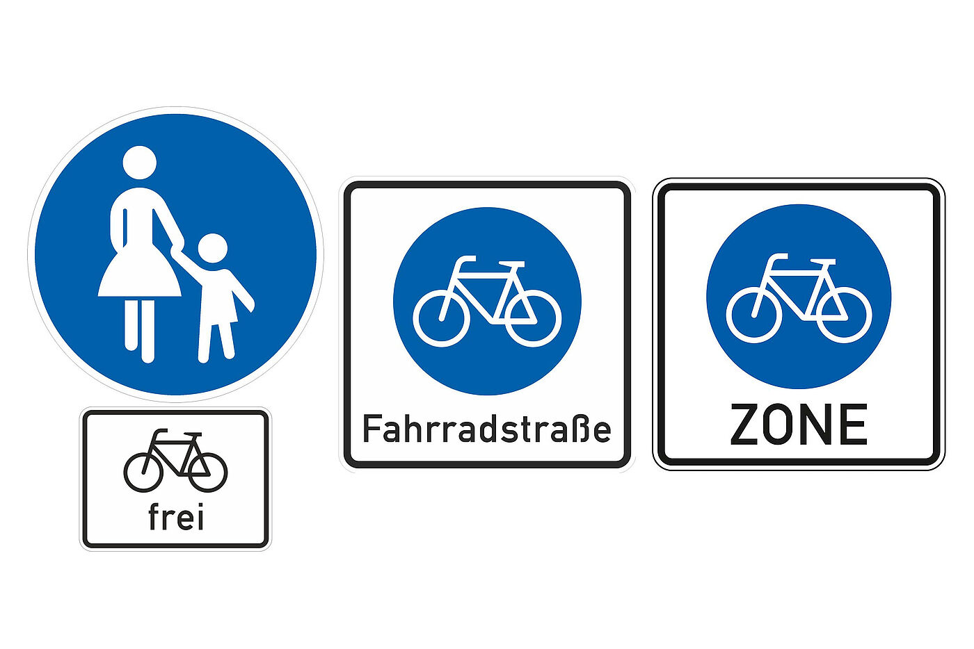 Verkehrsschilder Von links: Zeichen 239 – Gehweg mit Zusatzschild „Radverkehr frei“ | Zeichen 244.1 – Fahrradstraße | Zeichen 244.3 – Fahrradzone
